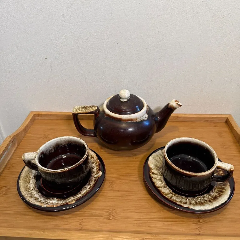Vintage Pfaltzgraff Gourmet Brown Drip Tea Set Teapot 2 Cups Saucers USA